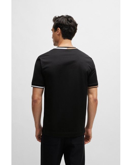 Boss Black Mercerized-cotton T-shirt With Signature-stripe Details for men