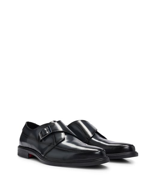 HUGO Black Leather Monk Shoes With Stacked-logo Trim for men