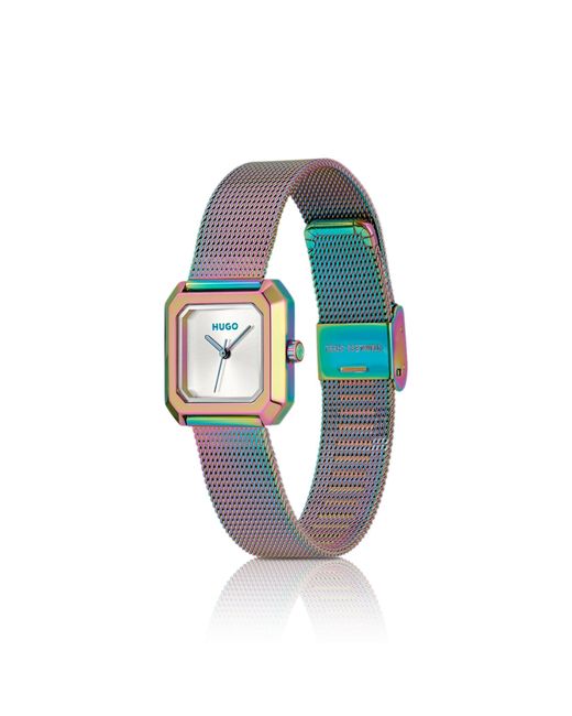HUGO White Hazel Iridescent Square Watch With Mesh Bracelet