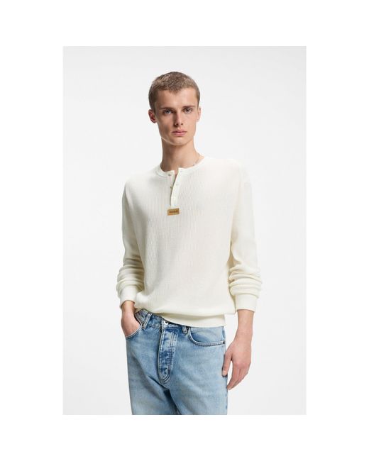 HUGO White Relaxed-Fit Henley Sweater for men