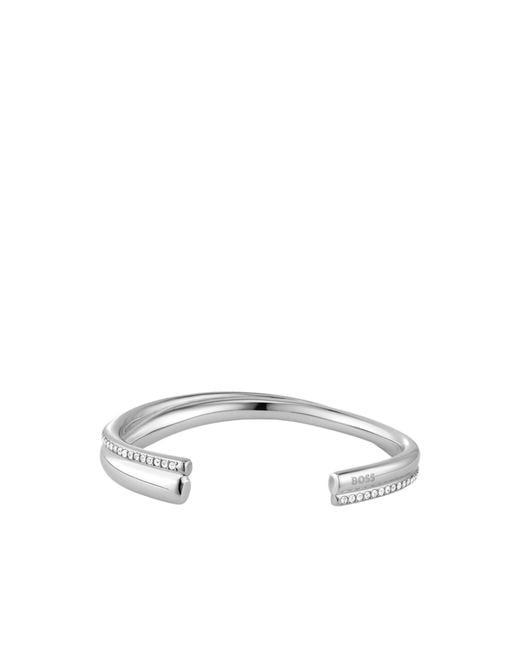 Boss White Tone Curved Bangle With Crystal Embellishments