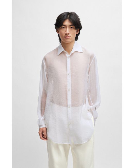Boss White Regular-fit Shirt In Soft Organza With Kent Collar for men