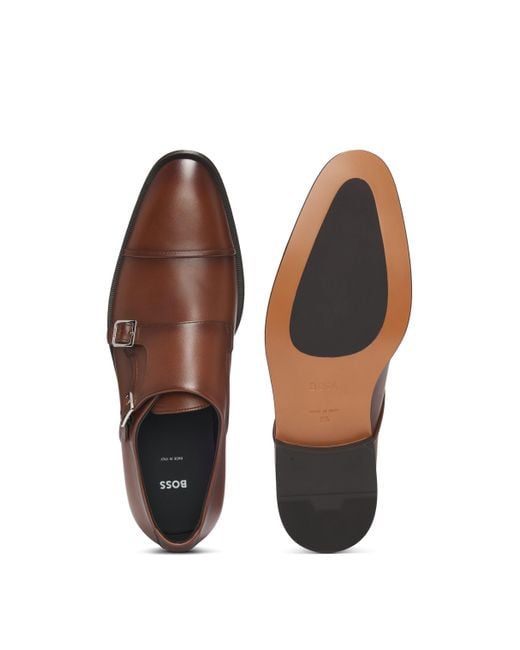 Boss Brown Cap-toe Double Monk Shoes In Leather for men