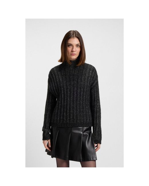 HUGO Black Knitted Sweater With Ribbed Structure