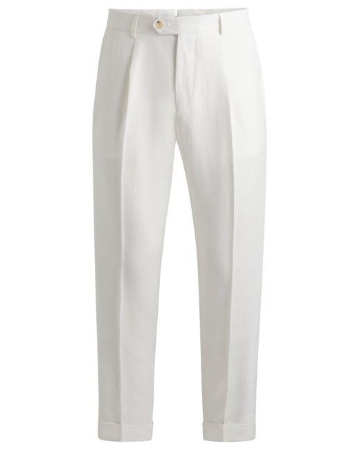 Boss White Relaxed-fit Trousers In Herringbone Linen And Silk for men
