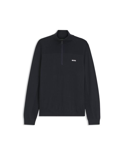 Boss Blue Zip-Neck Virgin Wool-Blend Sweater With Logo for men