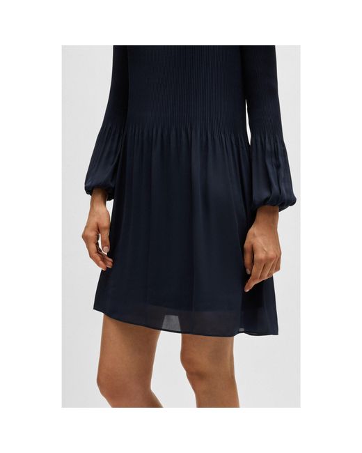 Boss Blue Regular-Fit Dress With Plissé Pleats And Crew Neckline