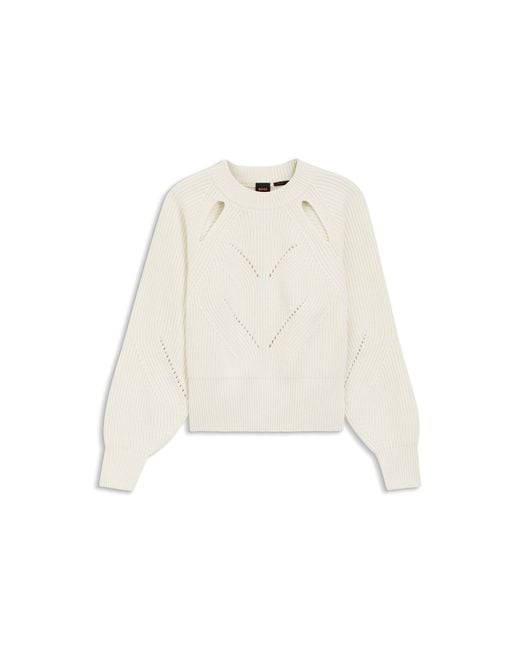 Boss White Relaxed-Fit Sweater With Open-Work Knit