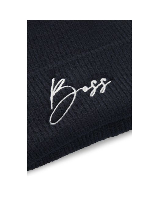 Boss Blue Equestrian Ribbed Beanie Hat With Embroidered Logo