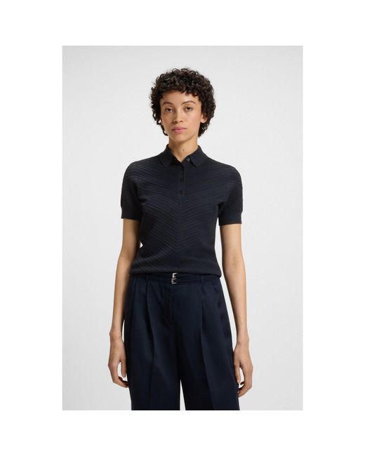 Boss Blue Structured Knit Sweater With Polo Collar