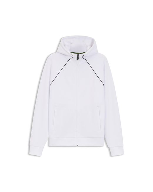 Boss White Cotton-Blend Zip-Up Hoodie With Piping Details for men
