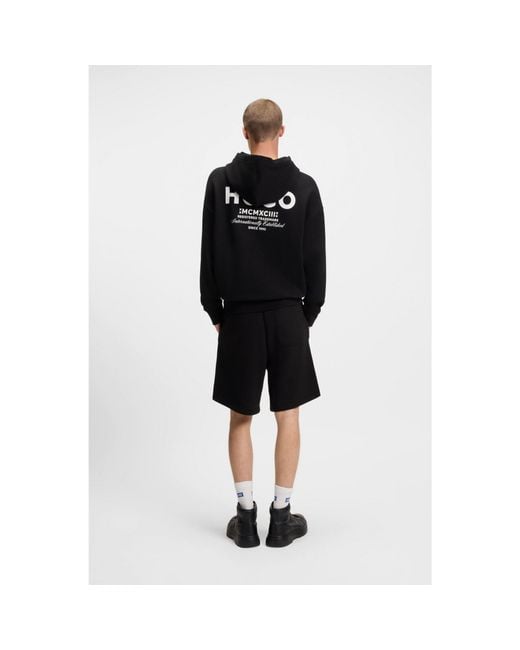HUGO Blue Cotton-Terry Loose-Fit Hoodie With Logo Details for men