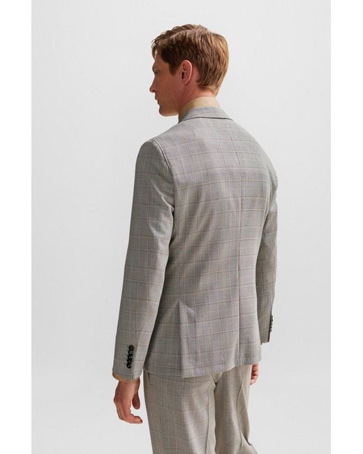 Boss Gray Double-breasted Slim-fit Suit In Checked Virgin Wool for men