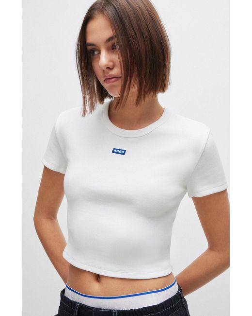 HUGO White Stretch-cotton Slim-fit T-shirt With Blue Logo Label