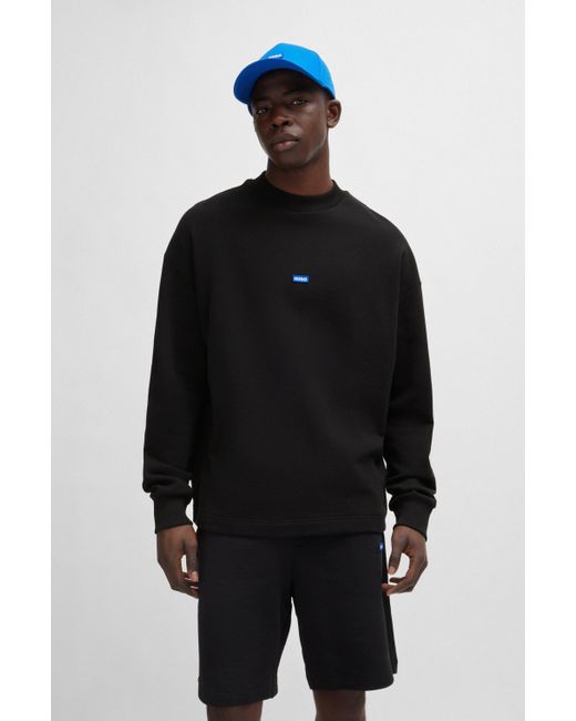 HUGO Black Cotton-terry Sweatshirt With Blue Logo Label for men