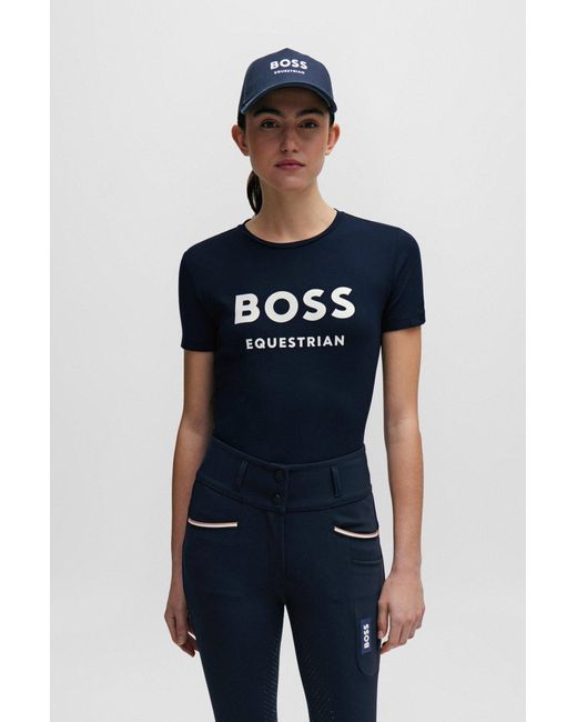 Boss Blue Equestrian Stretch-cotton T-shirt With Logo Details