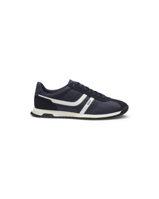 Boss Blue Low-Top Trainers With Faux-Leather Trims for men