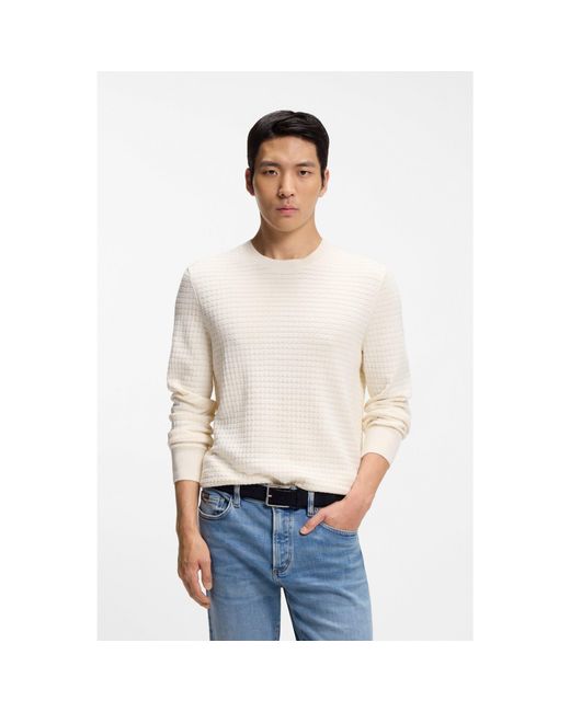 Boss White Silk-Cotton Sweater With Micro-Check Structure for men