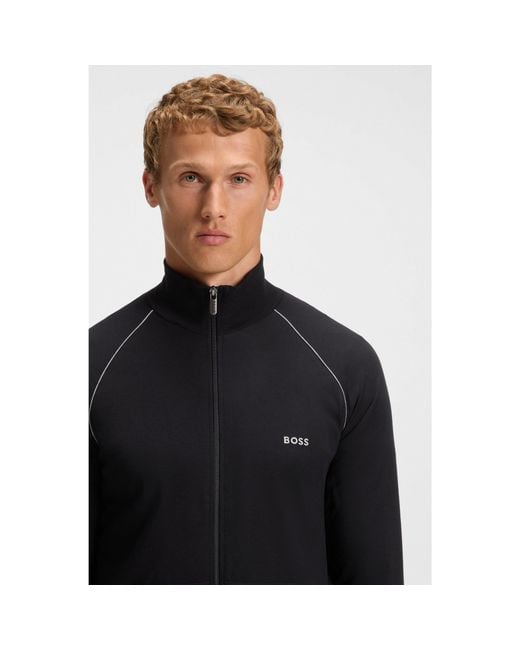 Boss Blue Stretch-Cotton Zip-Up Jacket With Embroidered Logo for men