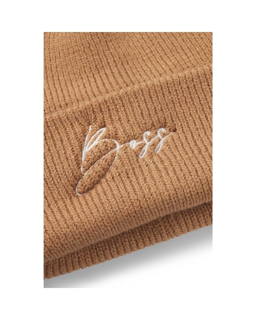 Boss Natural Equestrian Ribbed Beanie Hat With Embroidered Logo