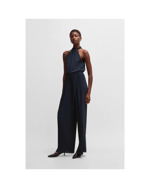 Boss Blue Sleeveless Jumpsuit With Plissé Pleats And Tie Belt