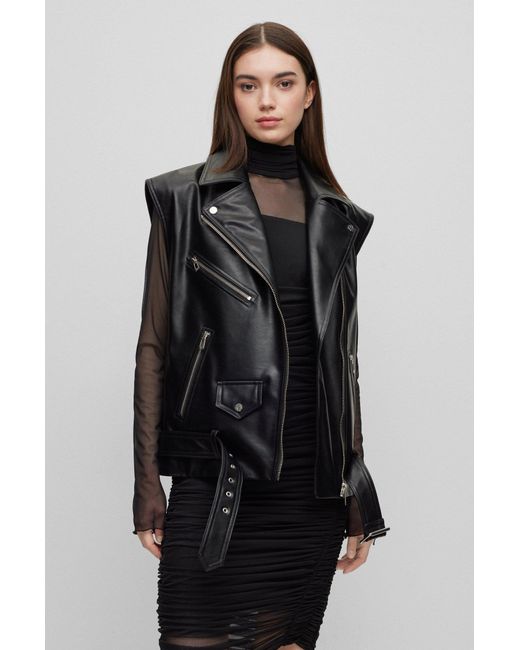 HUGO Black Relaxed-fit Biker-style Sleeveless Jacket In Faux Leather