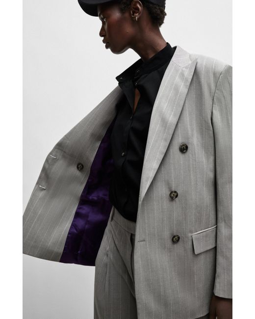 Boss Gray Naomi X Oversized-fit Jacket In Pinstripe Virgin Wool