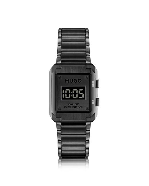 HUGO Digitaluhr mit Gliederarmband und schwarzem Zifferblatt in Black für Herren