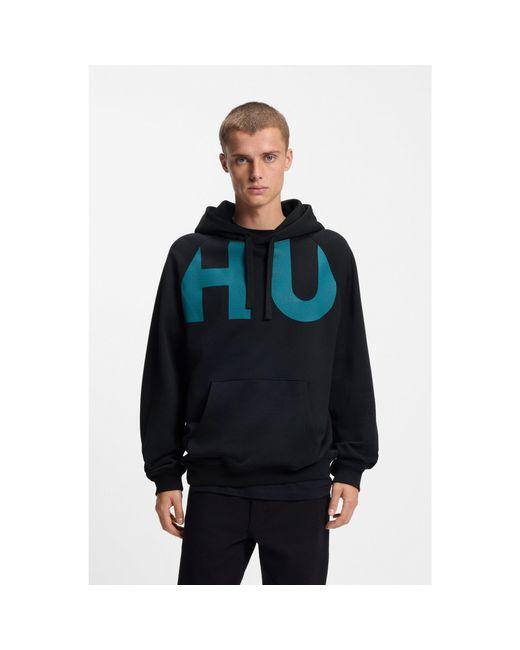 HUGO Blue Cotton-Terry Hoodie With Logo Print for men