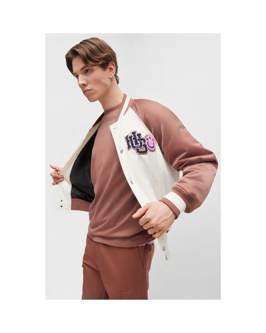 HUGO White Water-Repellent Bomber Jacket With Varsity-Inspired Logo Patch for men