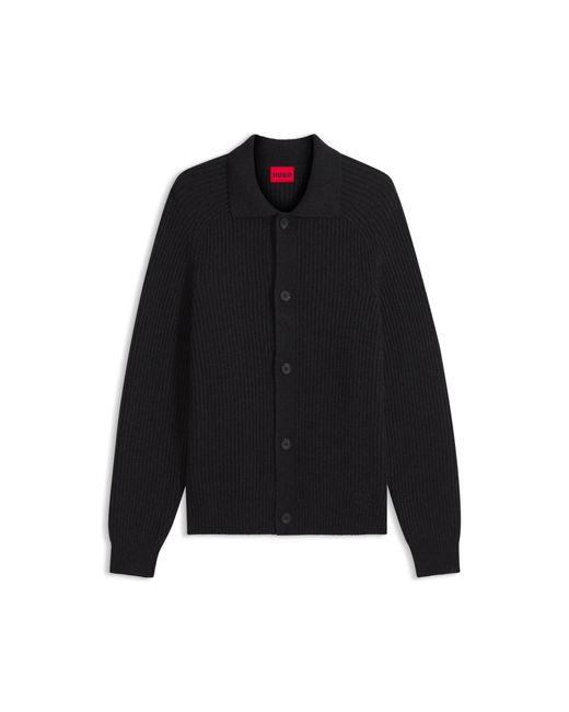 HUGO Black Virgin-Wool-Blend Cardigan With Shirt Collar for men