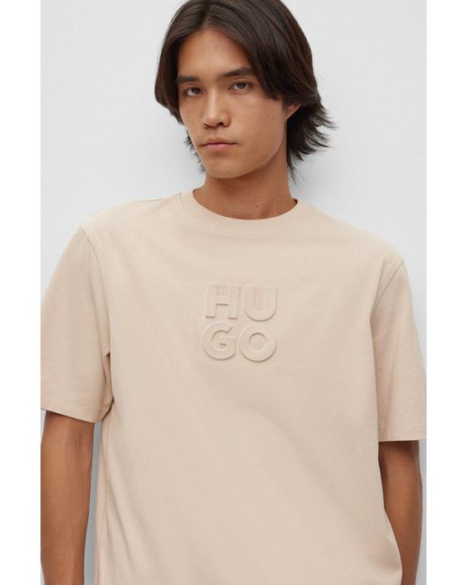 HUGO Natural Cotton-jersey T-shirt With Embossed Stacked Logo for men