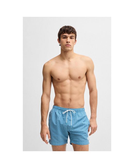 Boss Blue Printed Swim Shorts With Logo Badge for men