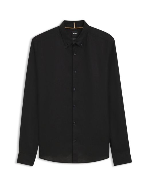 Boss Regular-Fit Button-Down-Hemd Aus Leinen in Black für Herren