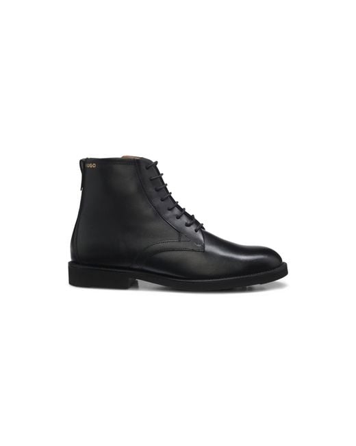 HUGO Black Lace-Up Leather Boots With Side Zip for men