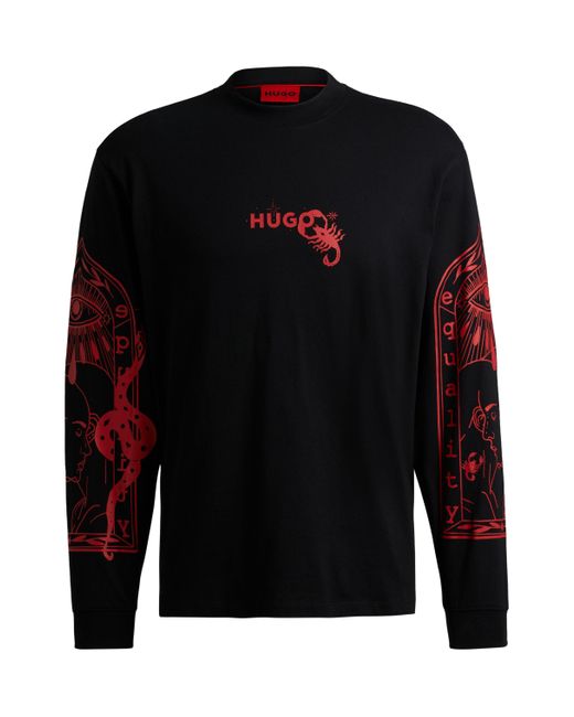 HUGO Black Cotton-jersey Relaxed-fit T-shirt With Seasonal Artwork for men