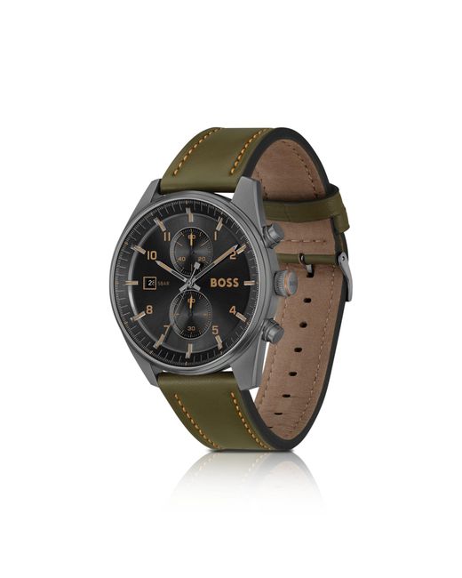 Boss Green Dial Chronograph Watch With Leather Strap for men