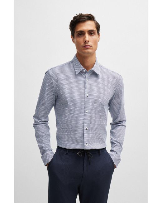 Boss Blue Slim-fit Shirt In A Printed Performance-stretch Blend for men