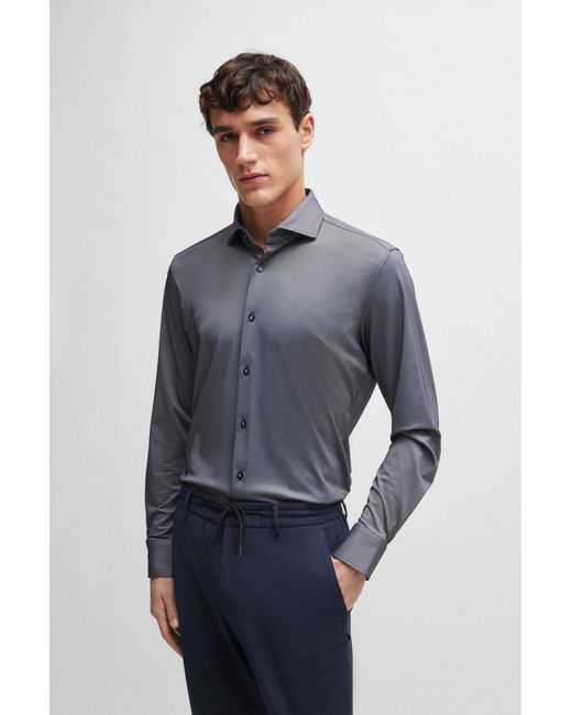 Boss Gray Slim-fit Shirt In Structured Performance-stretch Fabric for men