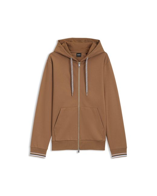 Boss Brown Cotton-Blend Zip-Up Hoodie With Patterned Drawcords for men