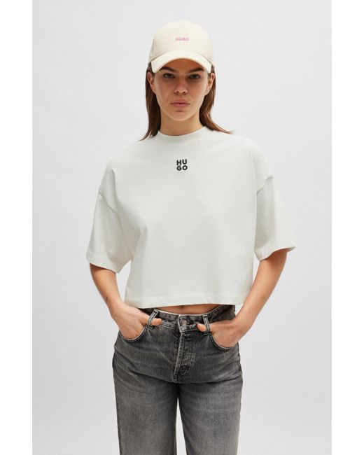 HUGO Relaxed-fit, Korter T-shirt Van Katoen Met Tweedelig Logo in het White