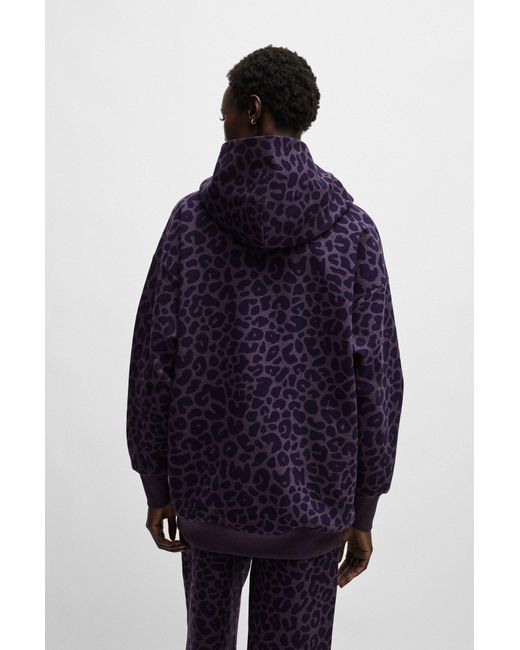 Boss Blue Naomi X Longline Cotton-blend Hoodie With Leopard Print