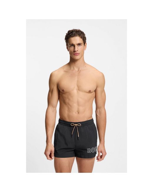 Boss Black Swim Shorts With Outline Logo Print for men