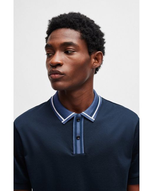 Boss Slim-Fit Poloshirt aus merzerisierter Baumwolle mit kontrastfarbenen Streifen in Blue für Herren