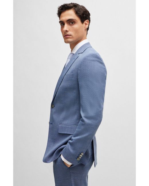 Boss Blue Slim-fit Suit In A Hopsack-weave Wool Blend for men