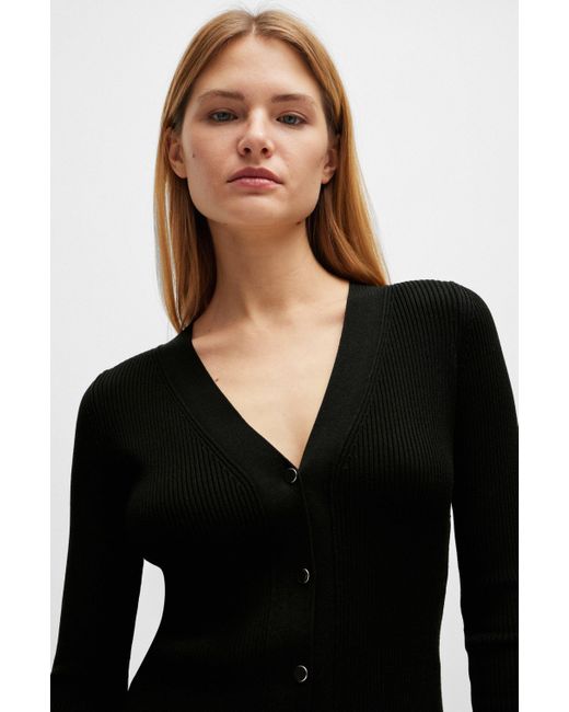 Boss Black Ribbed Cardigan With Metal Buttons And V-neckline
