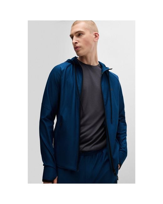 Boss Blue Active-Stretch Zip-Up Hoodie With Logo Detail for men