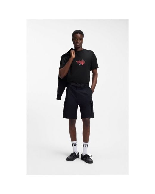 HUGO Black Oversized-Fit Cotton T-Shirt With Biker And Roses Graphic for men