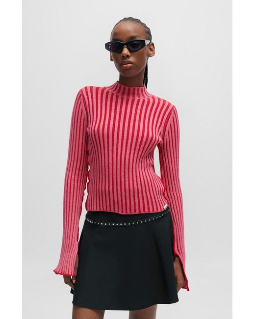 HUGO Red Mock-neck Sweater In Ribbed Cotton With Frilled Seams