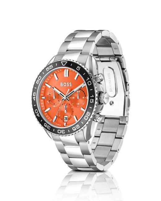 Montre chronographe avec cadran orange et bracelet à maillons Boss pour homme